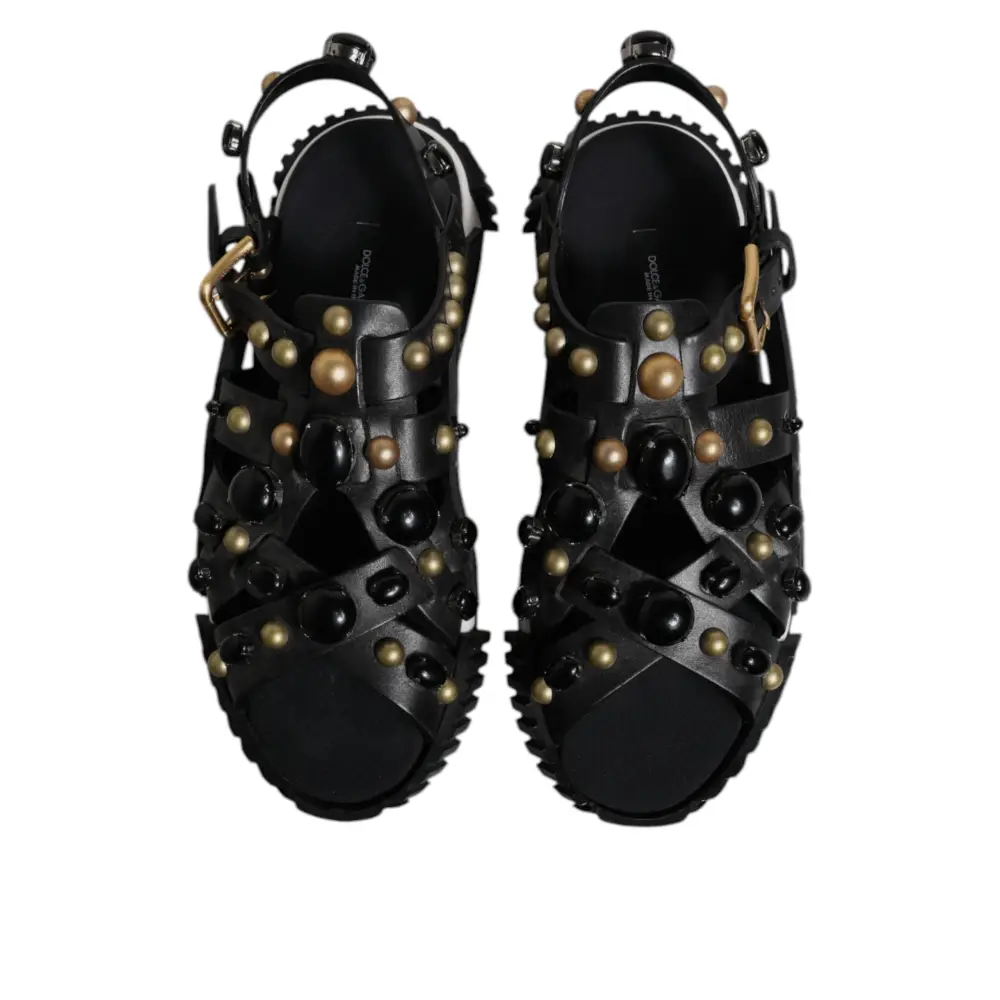 Dolce & Gabbana black leather studded slides med sorte og guld knopper