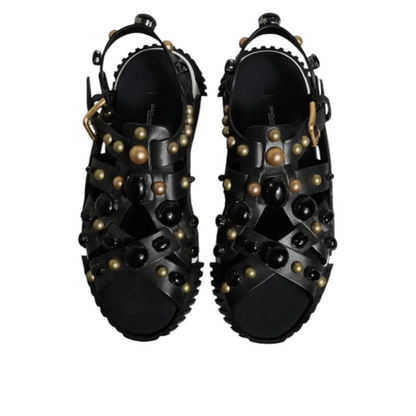 Dolce & Gabbana black leather studded slides med sorte og guld knopper