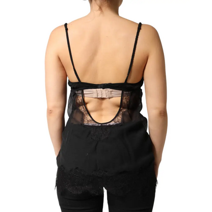 Dolce & Gabbana sort side af silkeblomstret blonder chemise med beige spænde