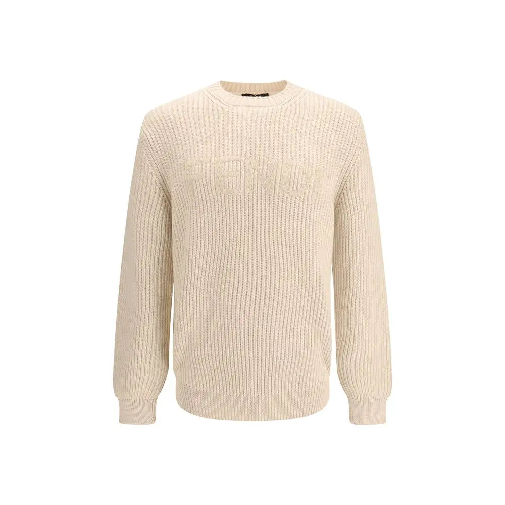 Fendi beige fleece wool sweatshirt i cremfarvet rib-strik med logo