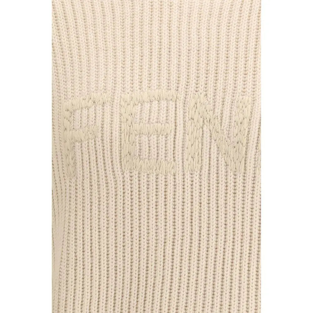 Creamfarvet ribbet strikket Fendi-sweater med diskret logo i beige fleece uld