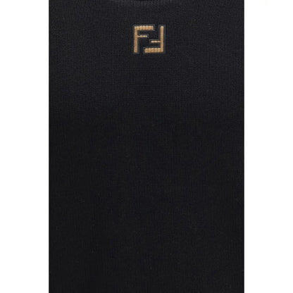 Fendi black fleece wool sweatshirt with gold-tone embroidered logo