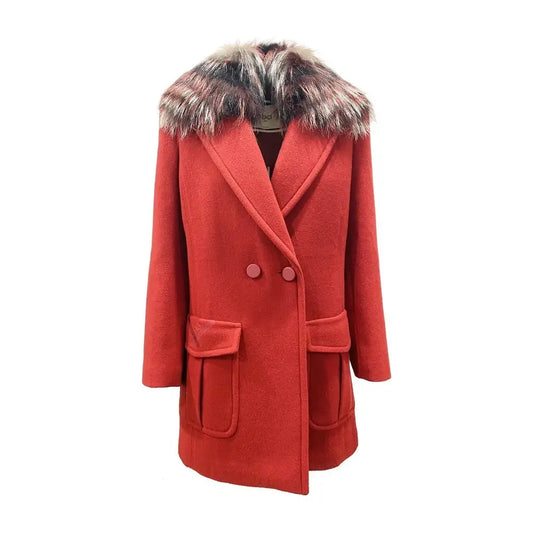 Fendi multicolor virgin wool coat med rød dobbeltradet design og farverig pelskrave