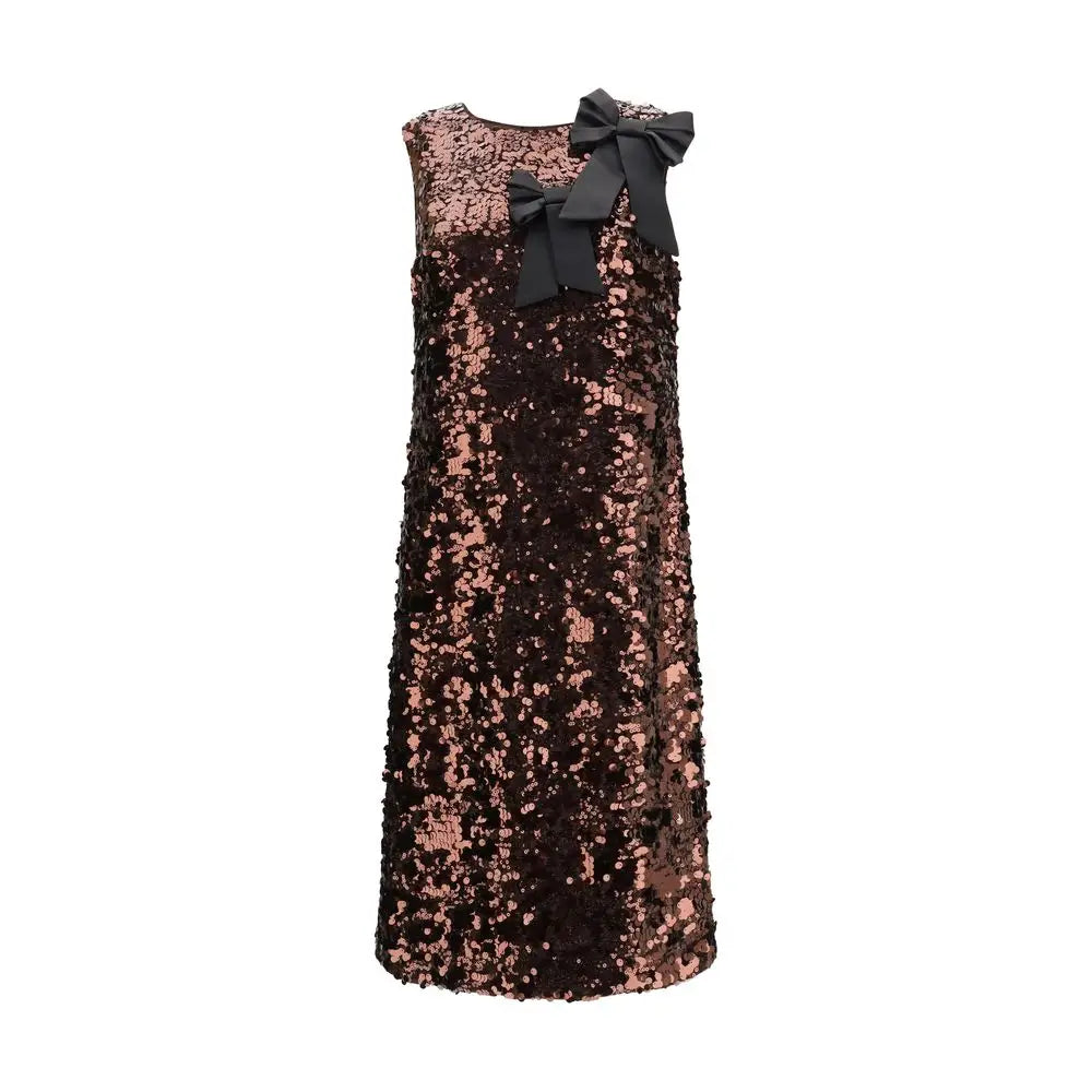 Ganni brown recycled polyester cocktail dress med sort satin sløjfe