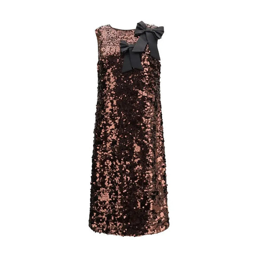Ganni brown recycled polyester cocktail dress med sort satin sløjfe