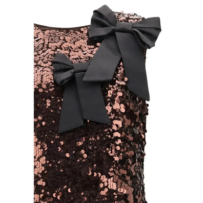 Ganni brown recycled polyester cocktail dress med skinnende rosaguldsequins og sorte satinbuer