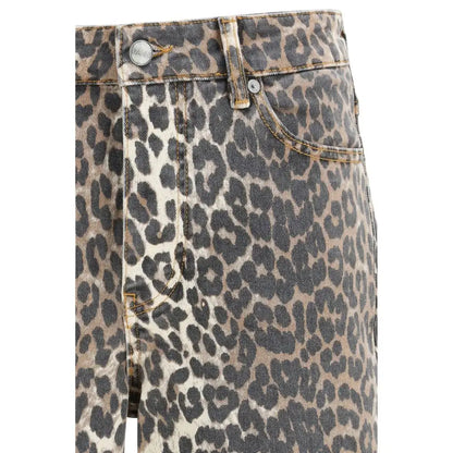Ganni multicolor jeans med leopardprint, distressed look og sølv hardware