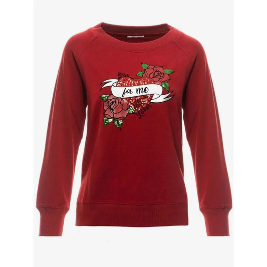 Rød langærmet sweatshirt med sequin-hjerte og roser, outlet mærkevarer