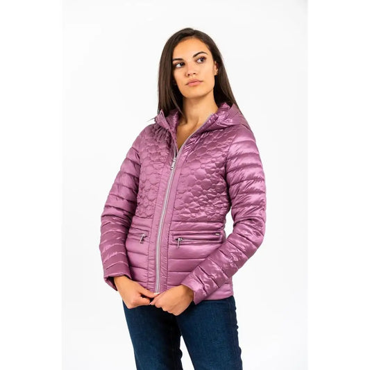 Gas pink polyester parka: shiny metallic purple quilted puffer jacket with hood and zipper