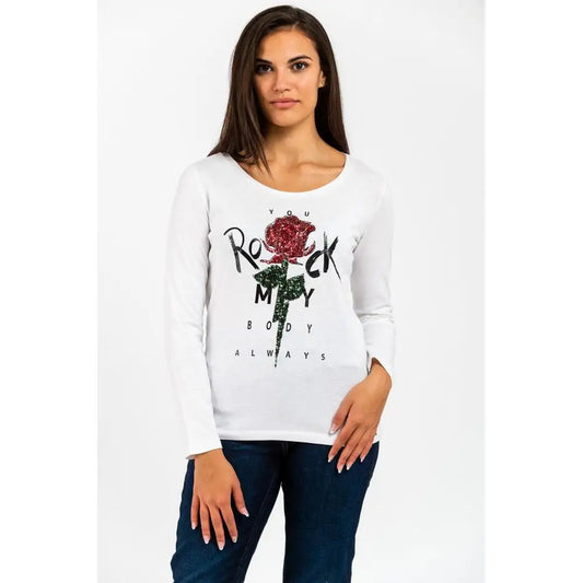Gas white cotton long sleeve t-shirt med glitterende rød rose og tekst you rock my body always