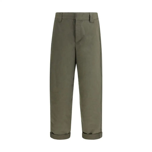 Golden Goose bicolor chino pants in olive green with tapered legs and rolled cuffs