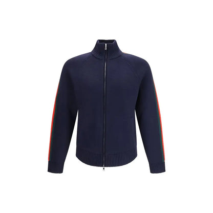 Gucci blå uldtøj: marineblå strikket jakke med lynlås og rød-grønne stribede ærmer