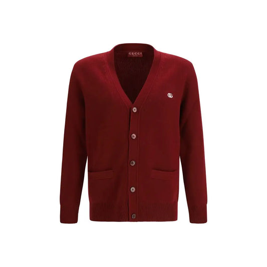 Elegant Gucci Bordeaux wool cardigan with V-neck and embroidered logo