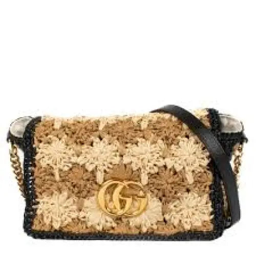 Gucci Brown/Black Woven Floral Raffia GG Marmont Small Shoulder Bag