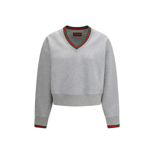 Grå Gucci cropped sweatshirt i bomuld med V-hals og rød-grøn stribekant