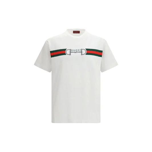 Gucci hvid bomuld t-shirt med rød-grøn stribe og horsebit-logo