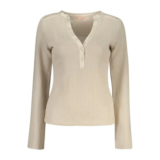 Guess Jeans beige polyester ribbed long-sleeve henley top med knapfront