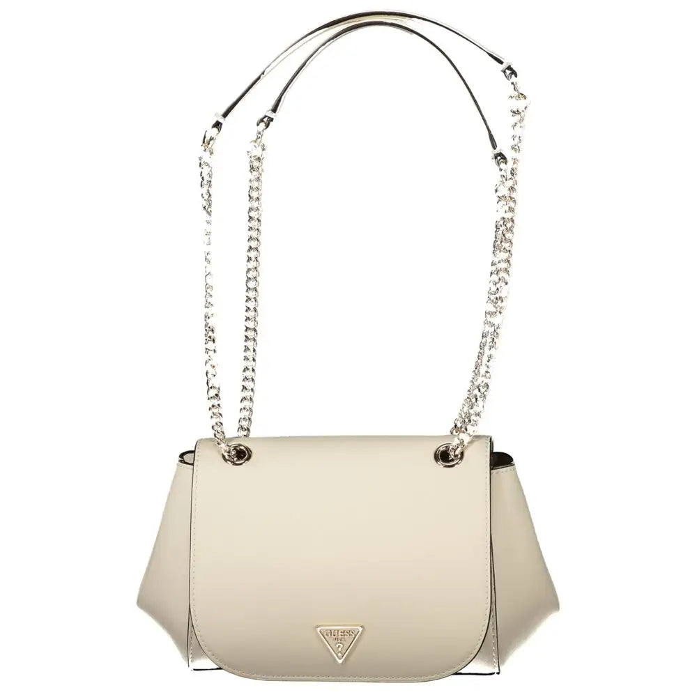 Guess Jeans Bianco Poliuretano cream handbag with silver chain strap