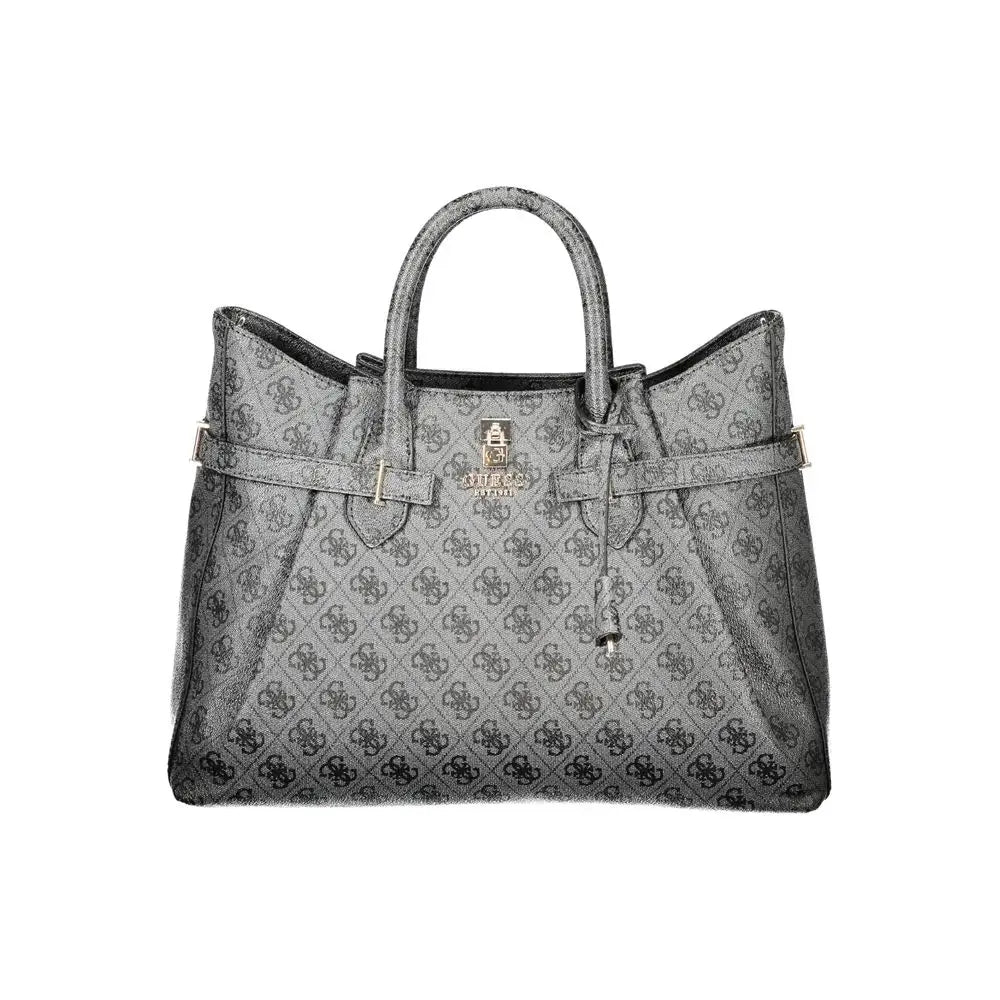 Sorte polyurethane håndtaske fra Guess Jeans med sølvgrå monogram og guld hardware