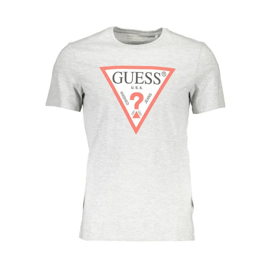 Grå Guess T-shirt med orange trekantlogo og mærkenavn i spørgsmålstegn