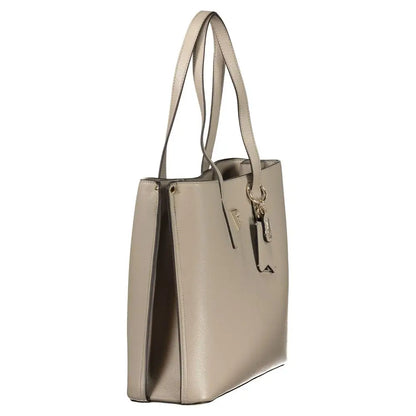 Guess Jeans Grigio Poliuretano beige textured leather tote bag with gold hardware