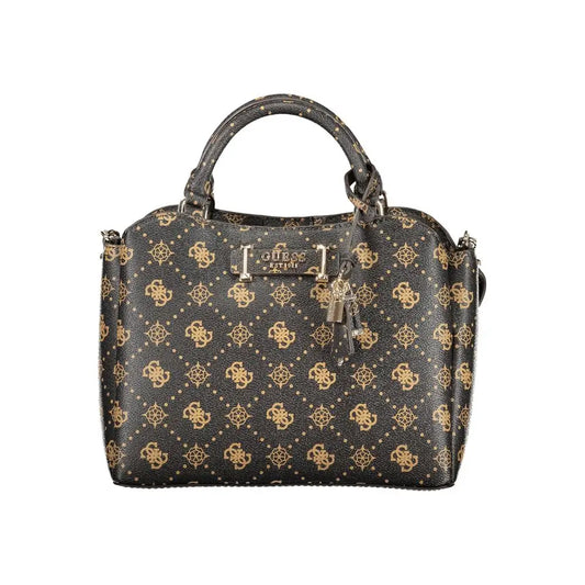 Guess jeans marrone poliuretano woman handbag with black and gold logo pattern