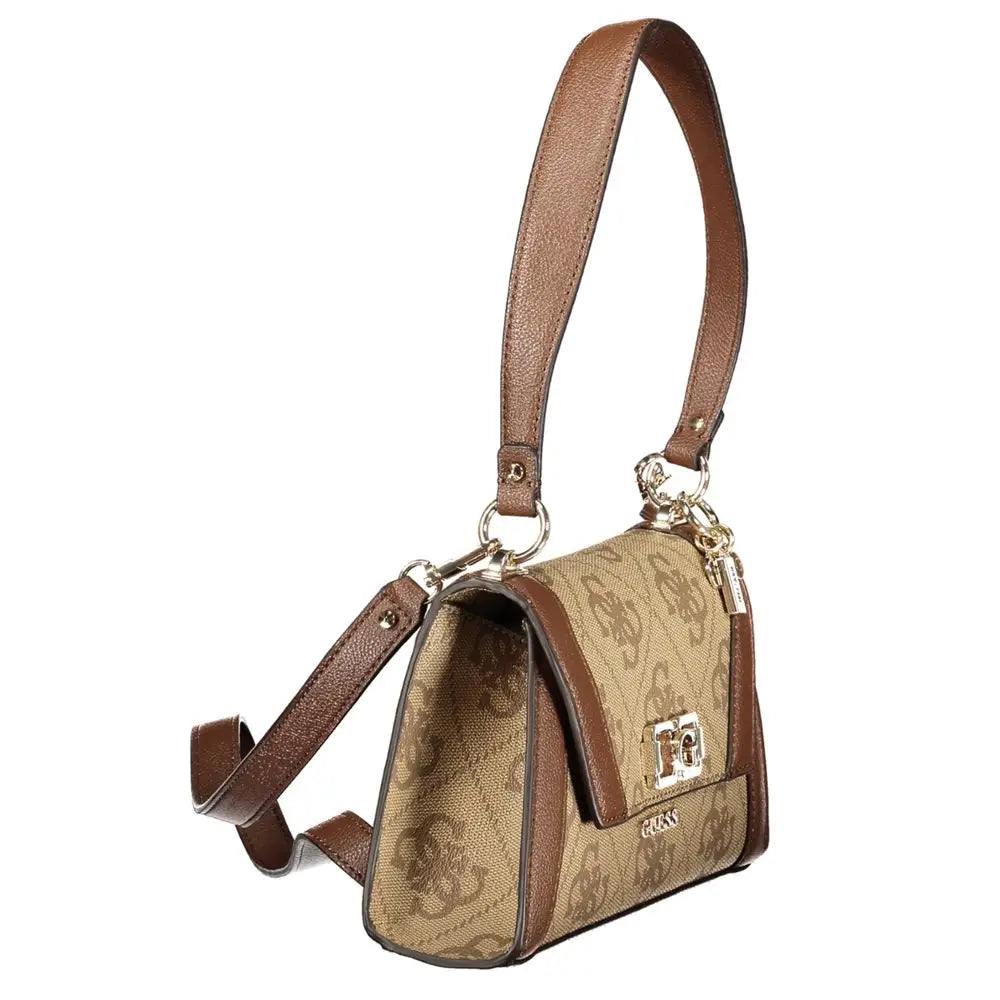 Guess jeans marrone poliuretano brown leather shoulder bag with tan canvas and gold hardware