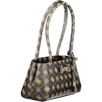 Guess jeans marrone poliuretano women handbag with black design, gold-toned logo pattern and metallic hardware