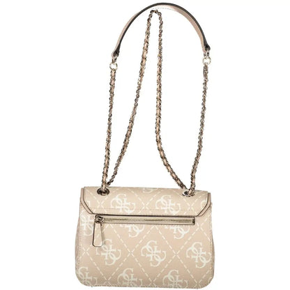 Beige Guess Jeans crossbody taske med hvidt logo mønster og sølvkæde rem