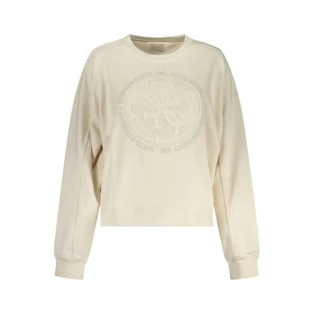 Cream-colored Guess Jeans white cotton women sweatshirt with circular embroidered logo