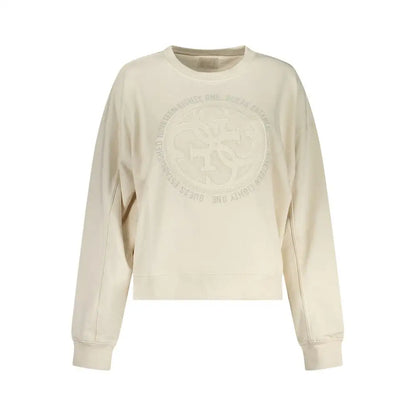 Cream-colored Guess Jeans white cotton women sweatshirt with circular embroidered logo