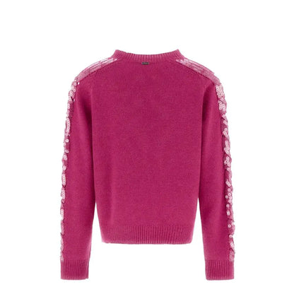 Vibrant fuchsia Herno multicolor cashmere sweater med pink blomster på ærmerne
