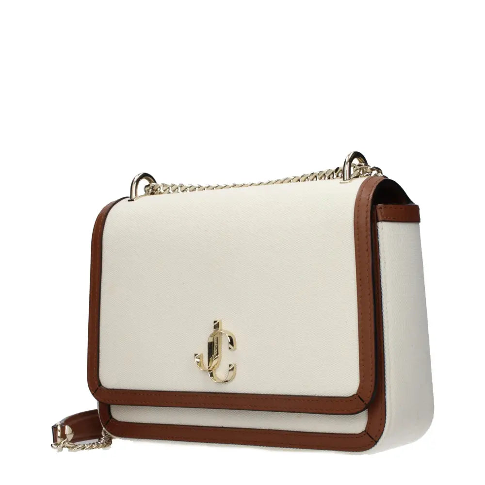 Jimmy Choo beige fabric crossbody bag in white and brown with gold-tone logo clasp
