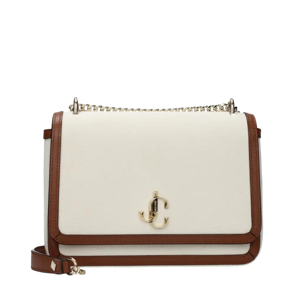 Jimmy Choo beige fabric crossbody bag i cremfarvet og brun læder med guld JC-logo