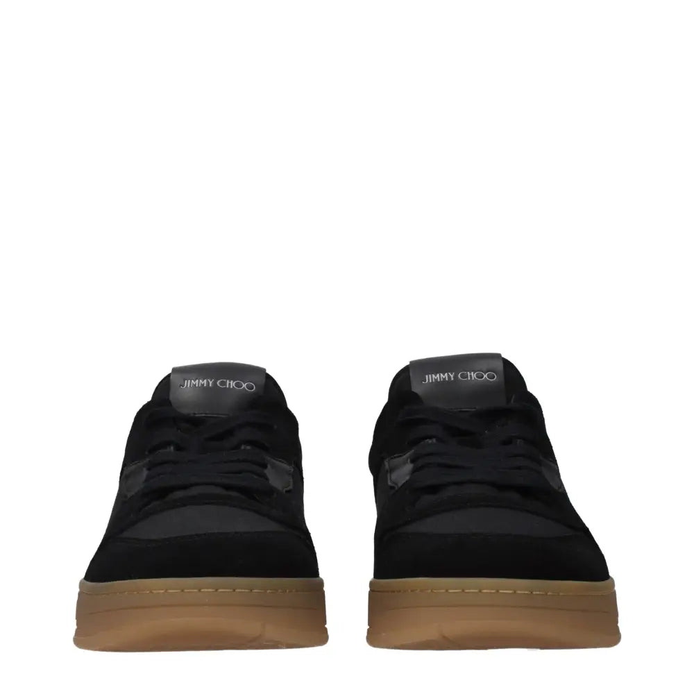 Jimmy Choo black fabric low top sneakers in suede and canvas with tan sole