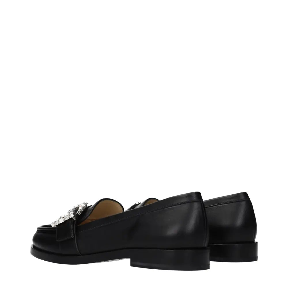 Jimmy choo black leather slip-on loafers with crystal buckle