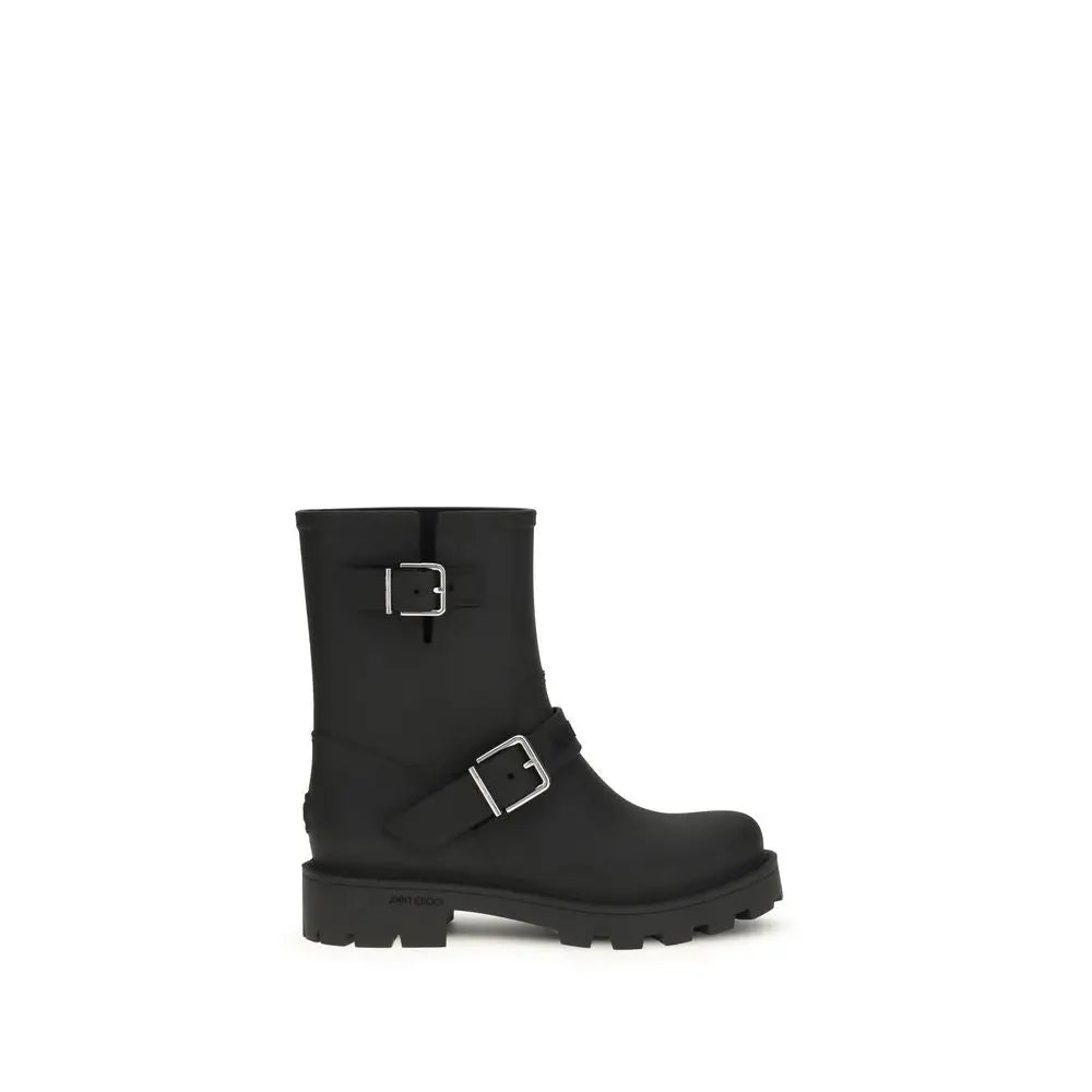 Jimmy Choo black polyurethane rain boots with matte rubber, silver buckle straps and chunky lug sole