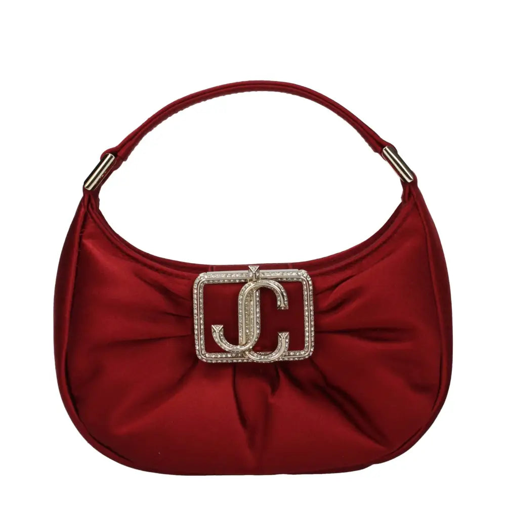 Jimmy choo red satin hobo bag with diamond-encrusted logo clasp