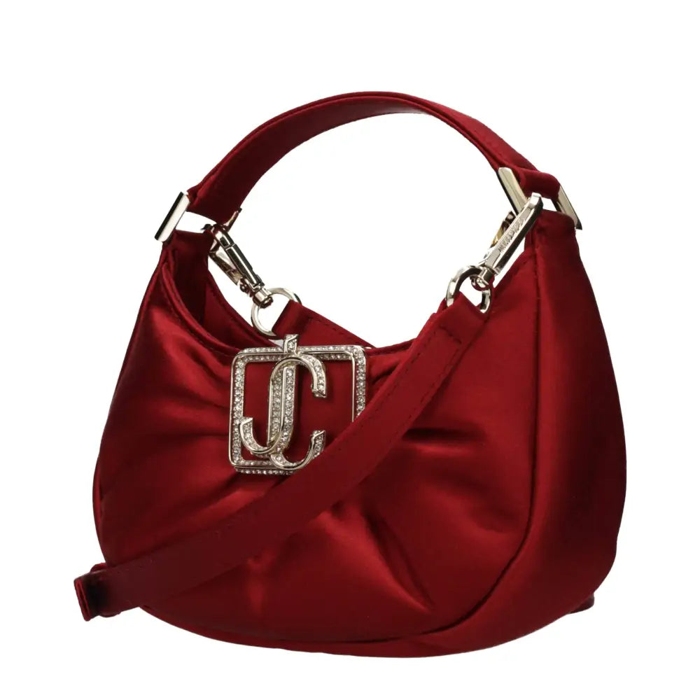 Jimmy Choo rød satin taske med diamantbesat sølv-logo og hardware
