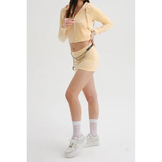 Juicy Couture naturlig polyester sweatshirt i cremede velour, cropped med lynlås og hætte