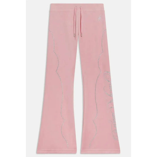 Juicy Couture pink polyester casual pants with flared legs, silver rhinestone sides and embroidered waistband logo