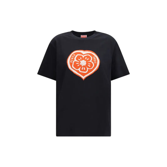 Kenzo black cotton t-shirt med orange hjerteformet blomstermønster
