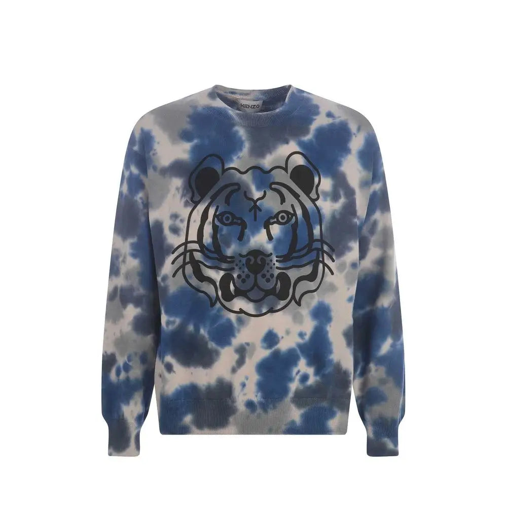 Kenzo grå bomuldssweatshirt med blå-hvid tie-dye og sort tigeransigt
