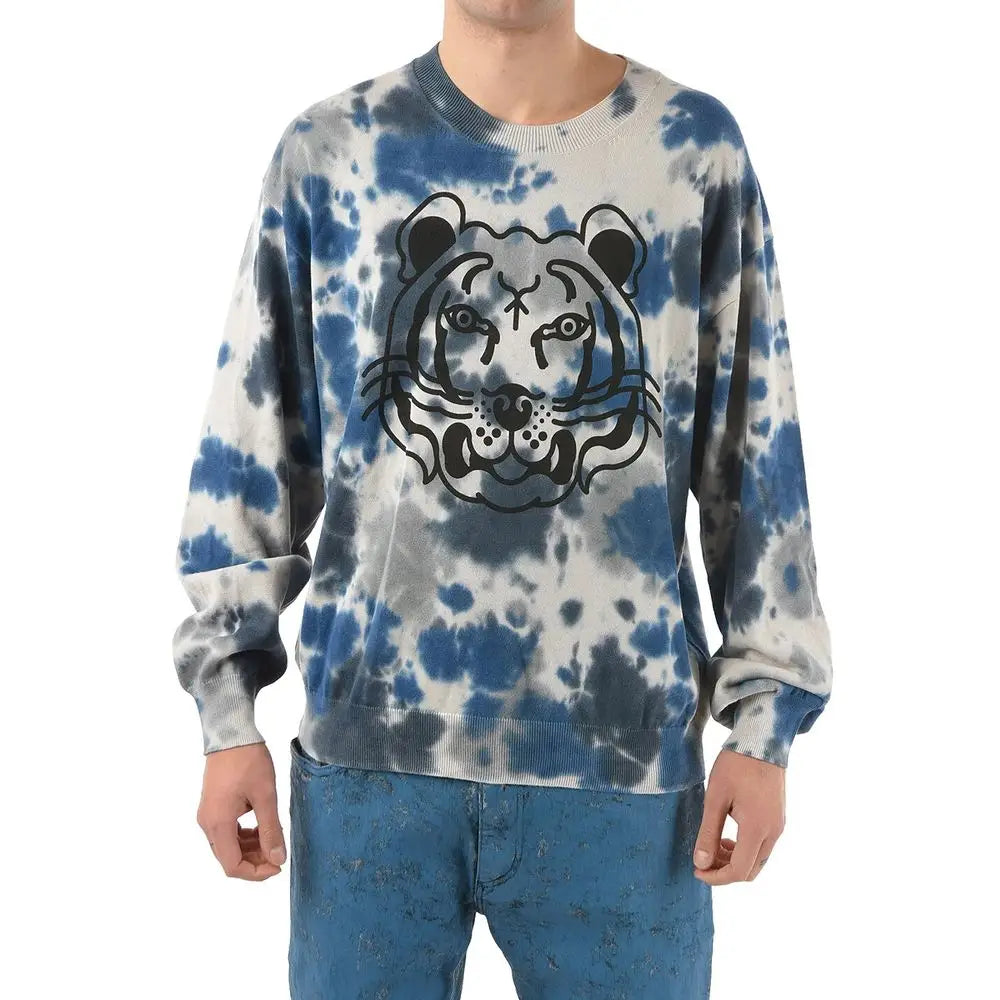 Kenzo grå bomuldssweatshirt med blå-hvid tie-dye og sort tigeransigt