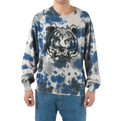 Kenzo grå bomuldssweatshirt med blå-hvid tie-dye og sort tigeransigt