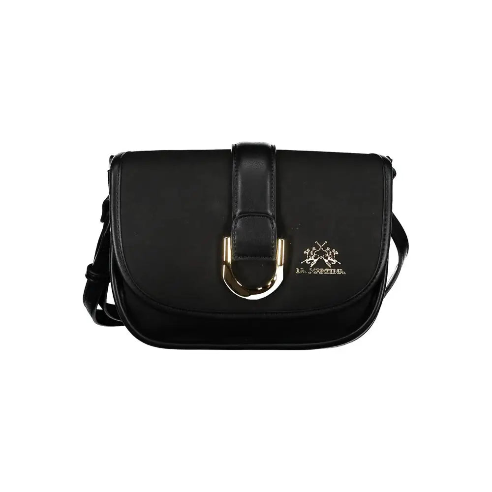 La Martina black polyethylene saddle bag with gold buckle and embroidered logo