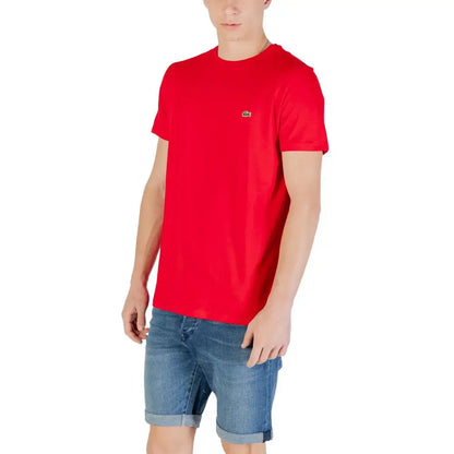 Rød Lacoste herre kortærmet t-shirt med grøn krokodil-logo i Lacoste multicolor cotton