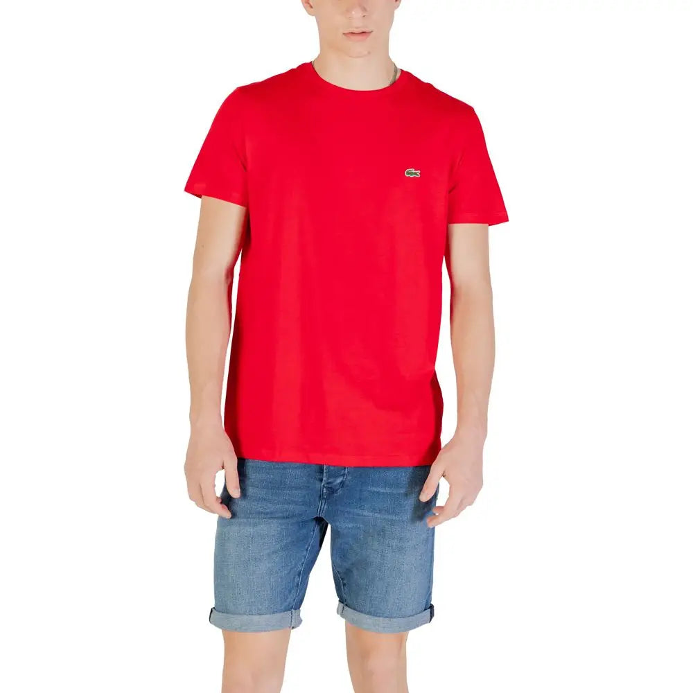 Rød Lacoste herre kortærmet T-shirt med grøn krokodil-logo på venstre bryst i Lacoste multicolor cotton