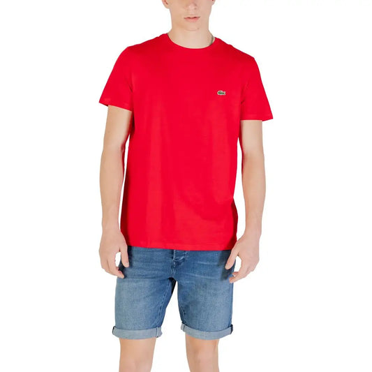 Rød Lacoste herre kortærmet T-shirt med grøn krokodil-logo på venstre bryst i Lacoste multicolor cotton