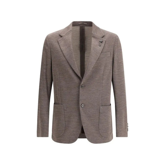 Lardini easy wear drop jacket i tekstureret taupe stof med to knapper og lommer